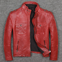 New vegetable tanned sheepskin youth stand-up collar locomotive clothing leather mens short Korean version of slim personality leather jacket