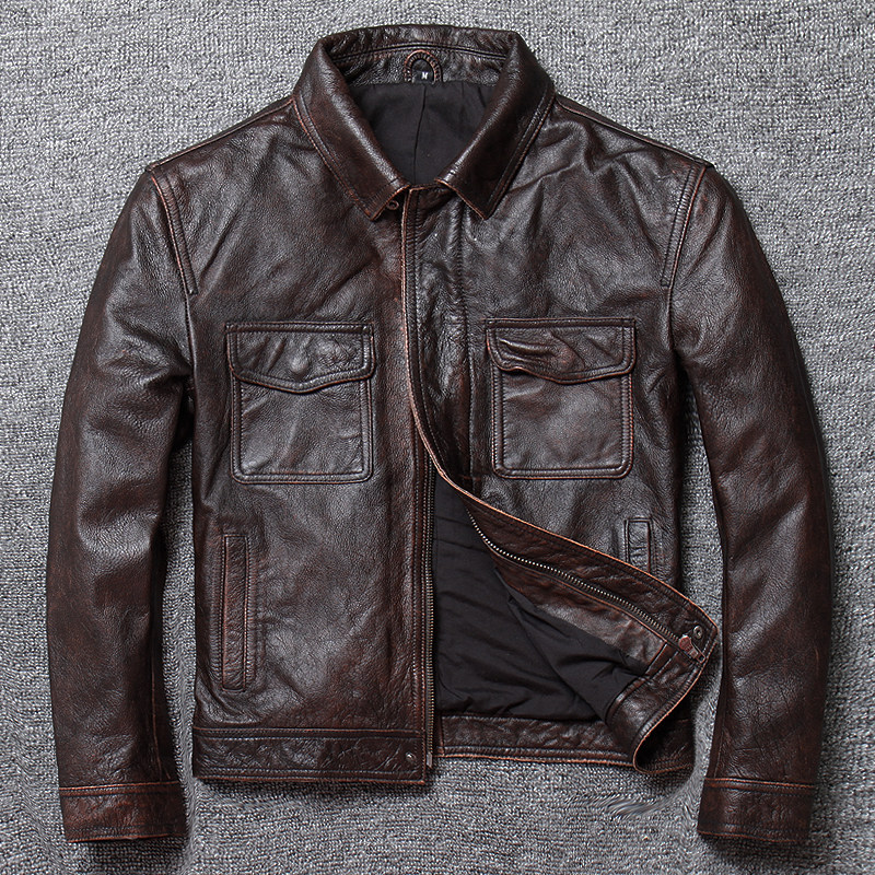 Distressed washed cowhide lapel American business casual leather jacket men's short leather leather jacket men's clothing