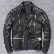 Autumn new Korean oblique zipper leather jacket tanning craft goatskin slim leather mens locomotive suit