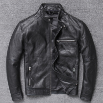 Factory clearance head layer cowhide mens leather leather jacket short stand collar slim slim simple motorcycle leather jacket jacket