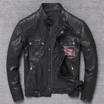 Autumn and winter new locomotive leather leather jacket mens short full plant tanned sheep jacket Haining lapel leather jacket