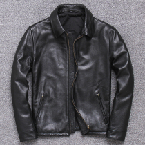 Wash edged old vintage cowhide business casual leather jacket boys short lapel leather leather jacket