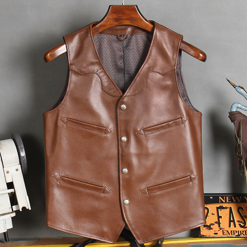 Special import batik head layer calfskin Japanese Aramis khaki retro tooling vest men's leather leather