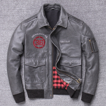 A2 Flying suit mens fur coat head skinned cow leather jacket retro - collar youth coat short locomotive suit