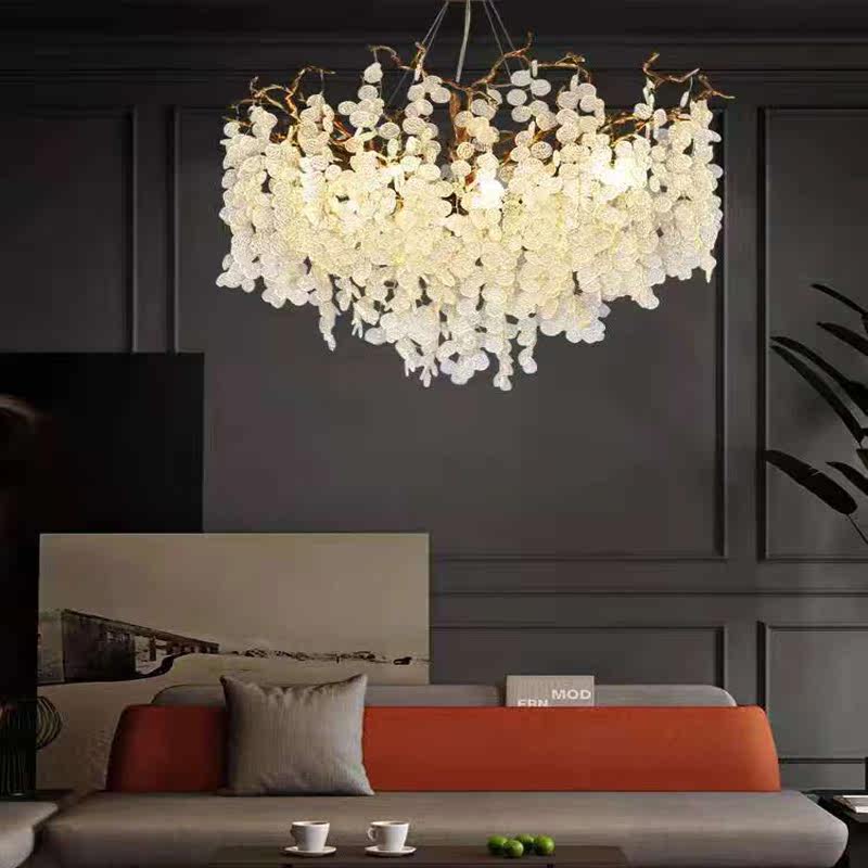 American all-copper long branch Villa Lamp Duplex design Feeling Living Room Rear Modern Light Lavish Crystal Dining Room Lamps