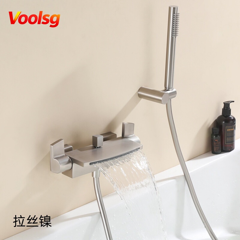 Brushed Nickel Bathtub Faucet with Exposed Installation, Large Flow Waterfall Shower Set, Two-In-One Mixing Valve