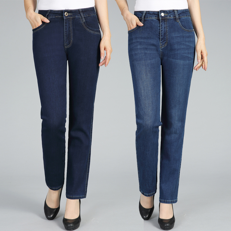 Spring and Autumn New High-Waisted Straight-Leg Jeans for Middle-Aged Women, Elastic, Loose, Plus Size, Casual Long Pants