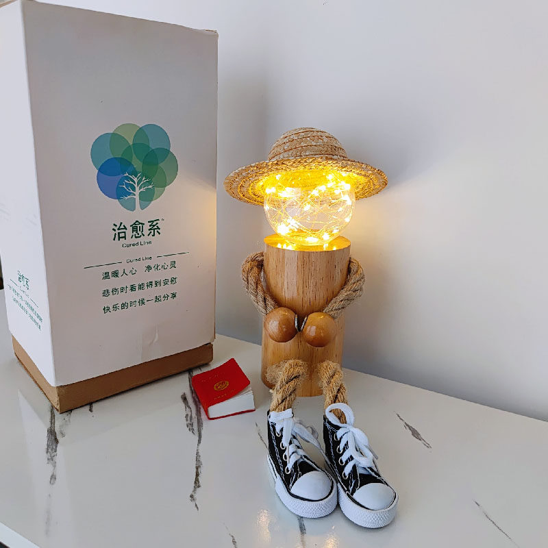 Creative wood man night light decoration girl desktop bedroom bedside decoration small table lamp ins wind healing system