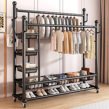 Coat Rack Floor-Standing Bedroom Clothes Rack Indoor Double-Pole Clothes Drying Rack Household Multi-Functional Dormitory Storage Clothes Rack