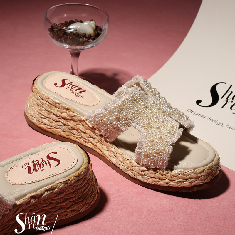 Zhao Lusi Original Improved Version Shanren Pearl Flat H-Shaped Slippers for Women, Summer Outdoor Wear, Vacation Style, Height-Increasing Sandals