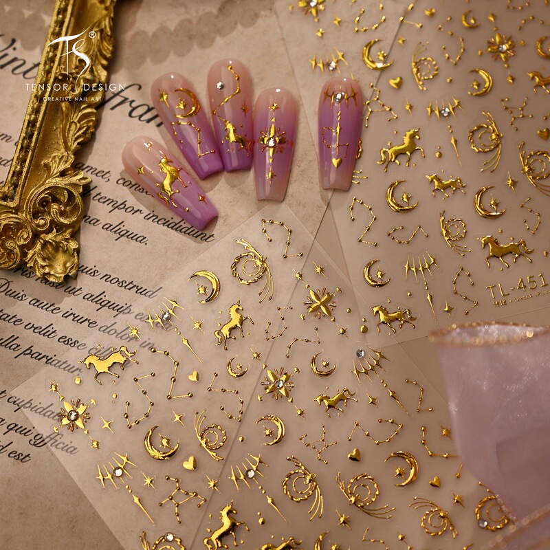 Light Luxury and High-End Feel, Year of the Horse Star and Moon Constellation Gold Foil and Rhinestone Nail Stickers, New Year Nail, Phone, and Planner Decoration Stickers