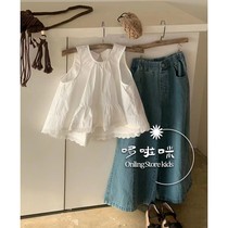 Korean style childrens clothing girls camisole outer wear spring and summer new style childrens fashionable and sweet lace white cotton top