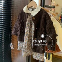 South Korean boy clothing girl fall knit cardiovert children retro curry hand woven cashmere jacket baby sweaters