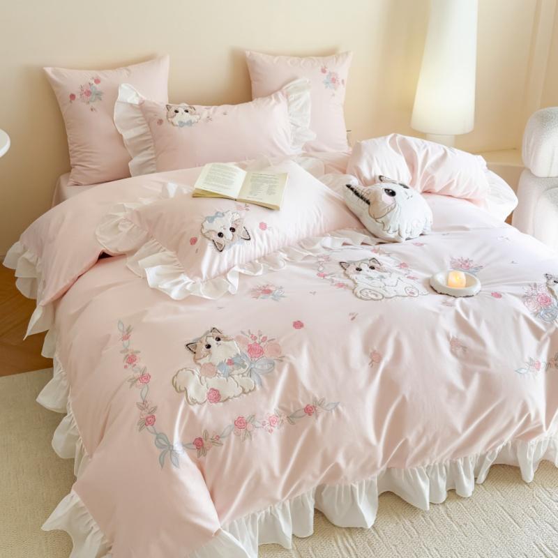 Girly Cute Cat Cartoon Princess Style All-Cotton Washed Cotton Four-Piece Set Embroidered Pure Cotton Duvet Cover Bedding Girly Cute Cat Cartoon Princess Style All-Cotton Washed Cotton Four-Piece Set Embroidered Pure Cotton Duvet Cover Bedding