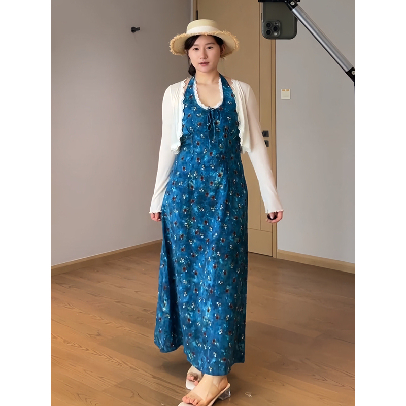 Guxii Plus Size Fat mm Seaside Resort Style Floral Halter Dress Women's Summer New A-Line Long Skirt