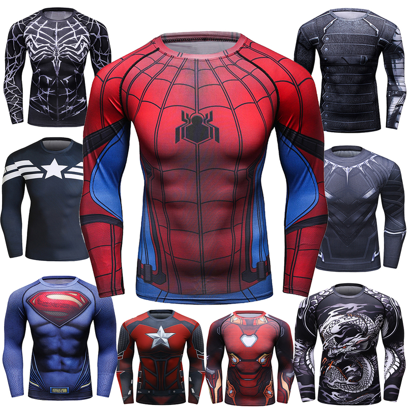 Men's Long-Sleeve Sports T-Shirt Avengers Captain America Spider-Man Superman Breathable Quick-Drying Fitness Clothing Compression Shirt Body Shaping T-Shirt
