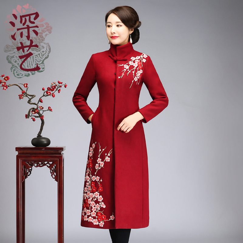 深艺 Demi-season woolen cheongsam, elegant long down jacket, 2020, with embroidery, Chinese style, increased thickness, mid-length