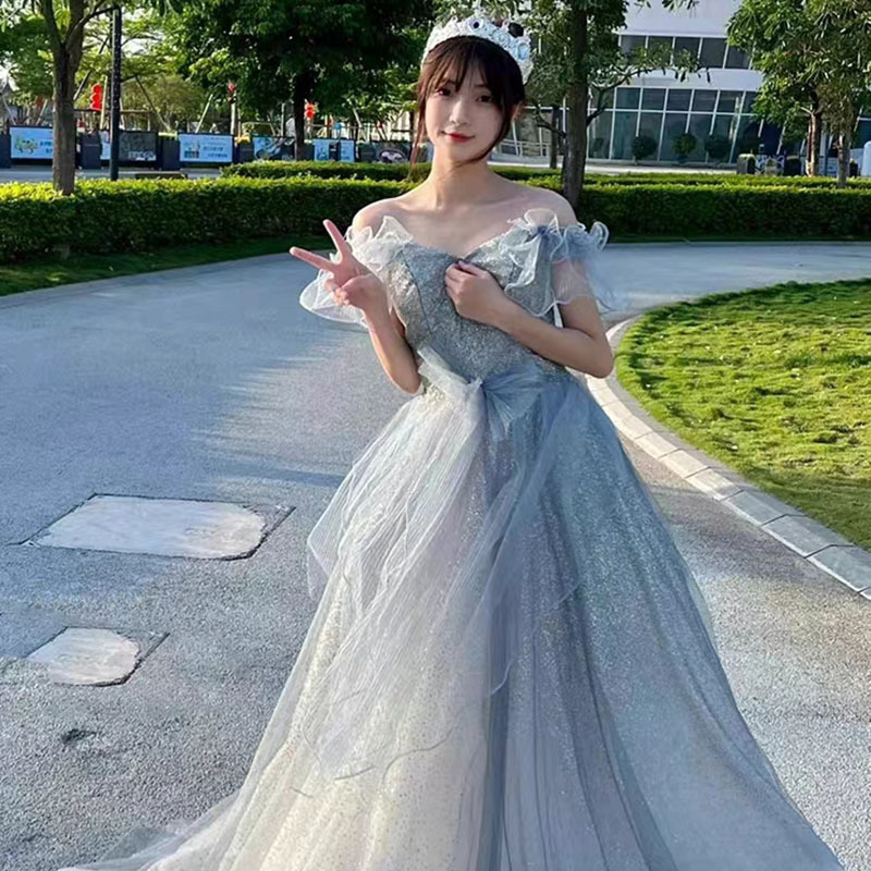 Blue Evening Dress for Students, Coming-Of-Age Ceremony, Birthday Banquet, Light Luxury, Niche, Art Exam, Host, Vocal Solo Performance Outfit
