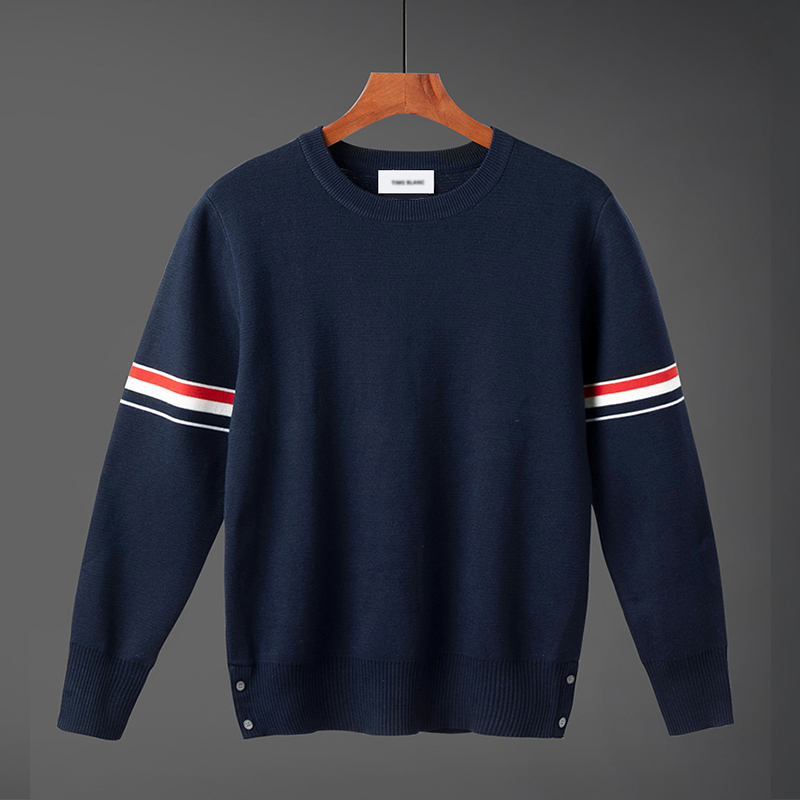 Tb Round Neck Knit Sweater for Men and Women, Couple's Knitwear, Pure Cotton Striped Color-Blocking Pullover Sweater, Spring and Autumn Trendy Brand
