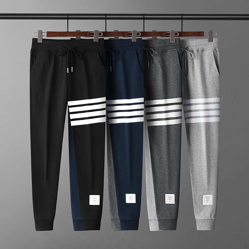 Tb Classic Sweatpants for Men and Women, Casual Long Pants, Spring and Autumn Loose Fit, Pure Cotton, Summer Thin Style, Four-Stripe Jogger Pants