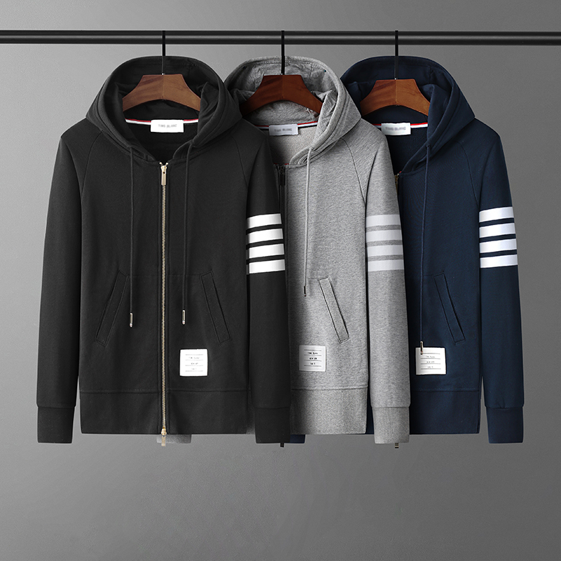 Tb Classic Hooded Sweatshirt Jacket for Men and Women, Loose Knit Cardigan with Zipper, Four Stripes, Casual Sportswear, High Version