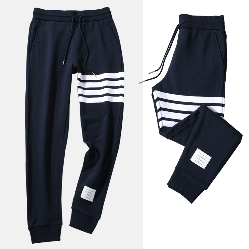 Men's Casual Sports Pants Classic Four-Stripe Loose Fit Pure Cotton Drawstring Jogger Sweatpants for Spring and Autumn