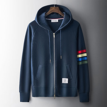 Tb classic hooded sweatshirt ສໍາລັບຜູ້ຊາຍແລະແມ່ຍິງ knitted cotton four-bar cardigan zipper jacket casual sportswear high version