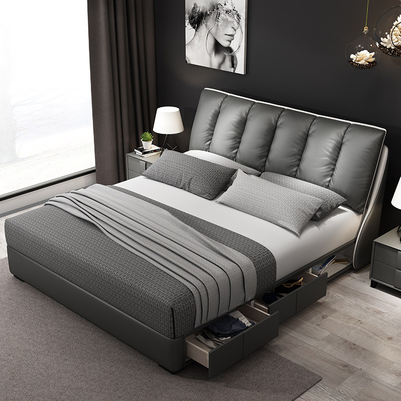 Leather bed leather bed master bedroom 1 8m double bed modern minimalist wedding bed Nordic net red solid wood drawer storage bed