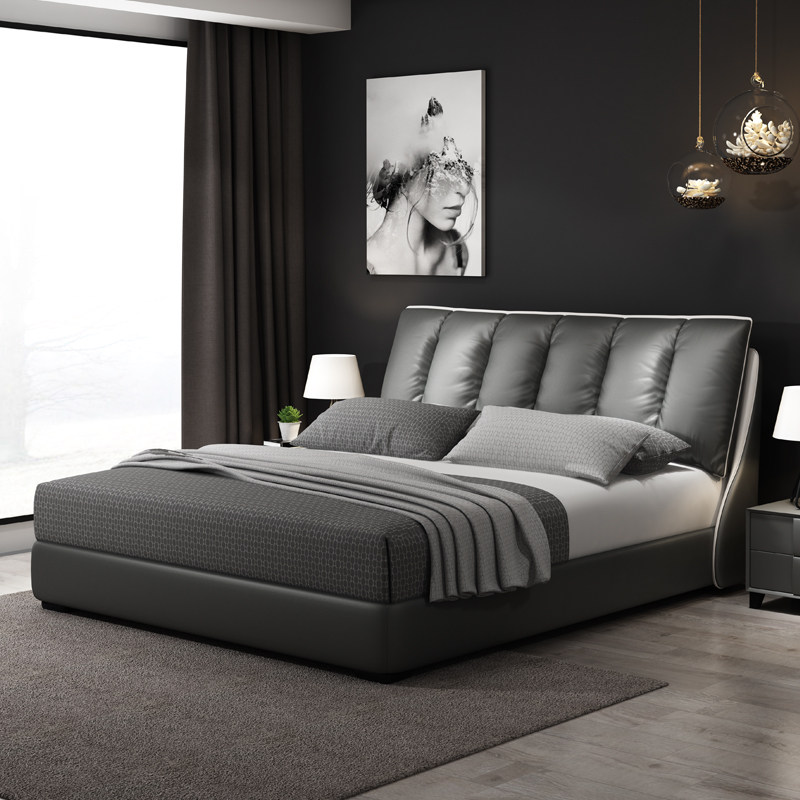Modern simple leather bed first layer cow leather 1.8 meters Italian minimalist soft bag backrest bed light luxury double master bed