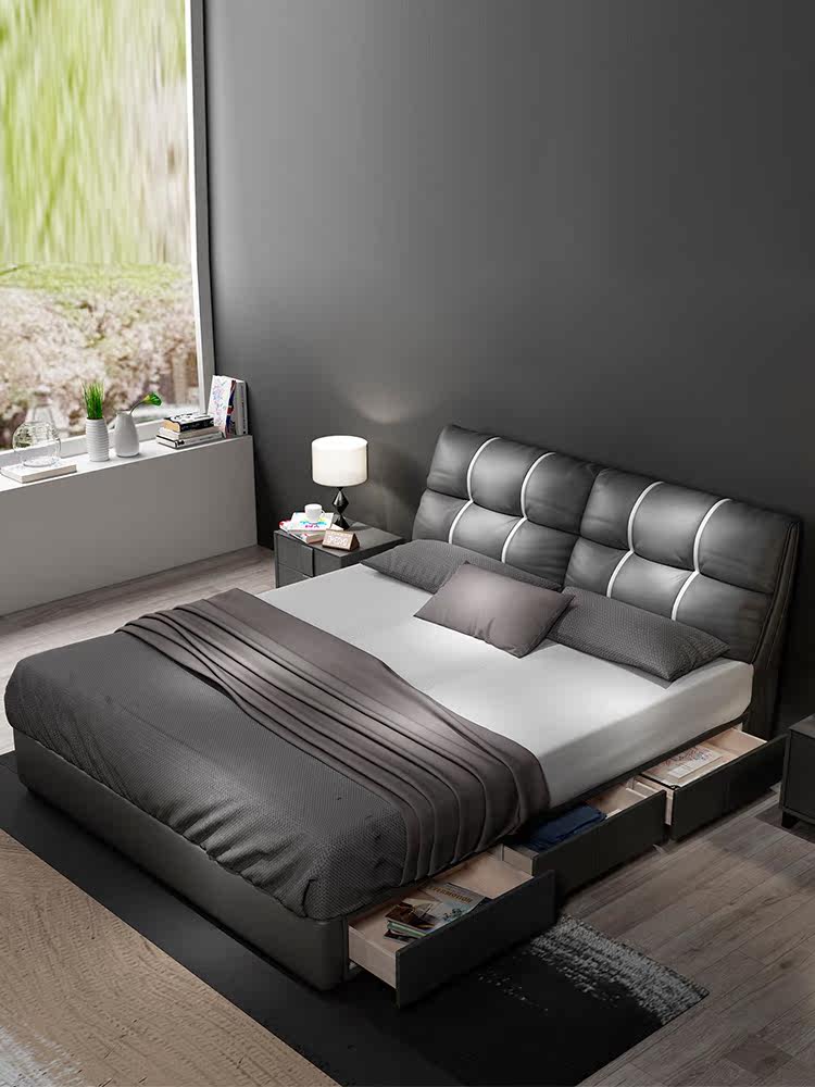 Nordic leather bed Double light luxury bed Net red bed Modern simple soft bed Master bedroom storage two meters wedding bed small apartment