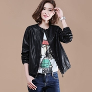 Tháng Chín Momo 2019 Mùa Thu Mới Phụ Nữ Màu Rắn Cổ Tròn Cổ Dài Tay Áo PU Leather Casual Loose Short Jacket