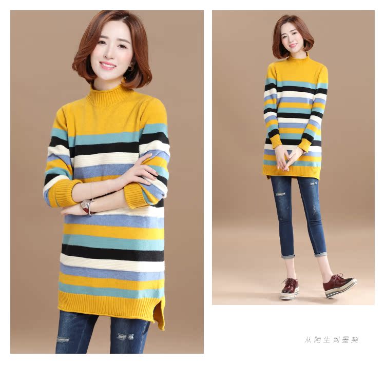 Tháng 9 Momo 2019 thu đông 2014 áo len nữ cổ cao nửa sọc màu áo len nữ phiên bản Hàn Quốc của áo len rộng thời trang nữ