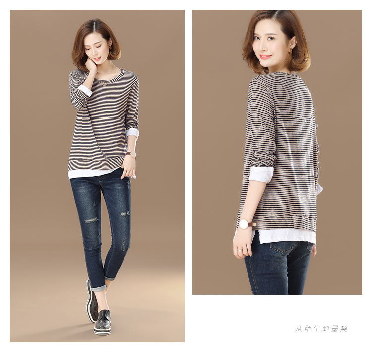 Tháng chín Momo 2018 mùa thu mới của phụ nữ giả hai mảnh khâu sọc T-Shirt nữ Hàn Quốc casual loose từ bi áo thun nữ form rộng dễ thương