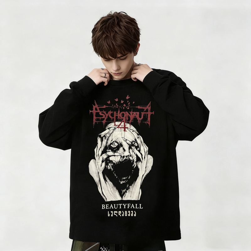 Psychonaut4 (P4) Band Merchandise Black Metal Rock Print Pure Cotton Long-Sleeved T-Shirt for Men and Women, Spring and Autumn Psychonaut4 (P4) Band Merchandise Black Metal Rock Print Pure Cotton Long-Sleeved T-Shirt for Men and Women, Spring and Autumn
