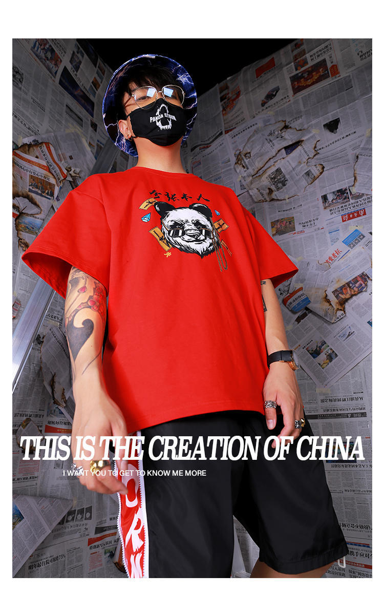 Panda Storm phóng đại Tôi nhấn màu siêu lửa Oversize lỏng tay ngắn những người yêu thích thẻ thủy triều áo thun nam nữ áo thun pierre cardin