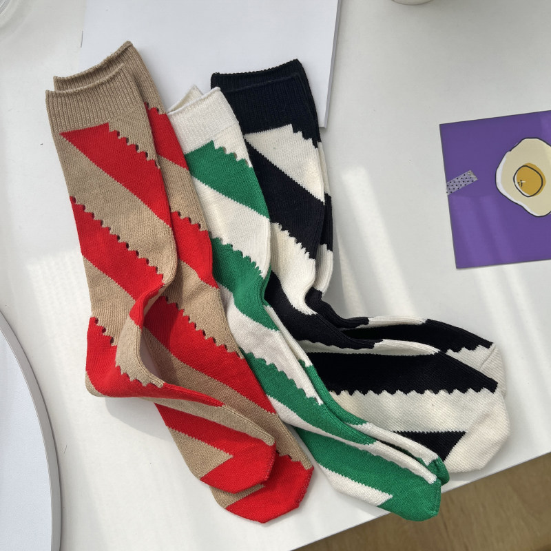 Hollow oblique stripe hole socks women's spring and summer tide socks net red pure cotton color matching mid-tube socks stitching cotton socks