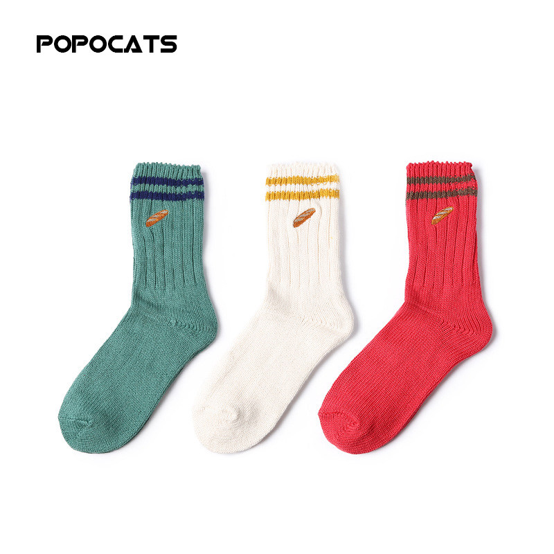 Autumn Winter Style Thickened Hot Dog Embroidered Socks Female two-bar trendy middle cylinder Sox Korea Two-bar College Wind
