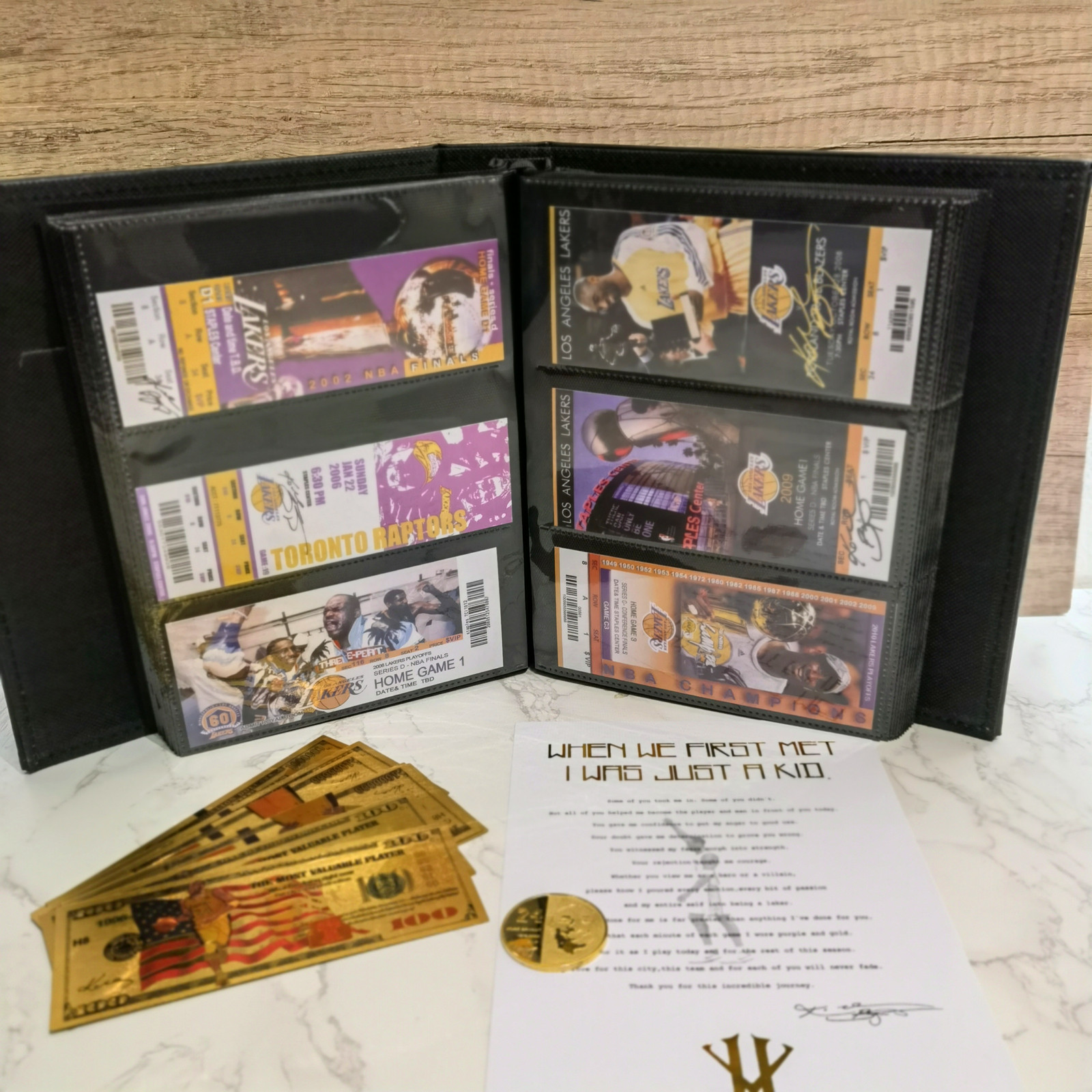 Kobe Memorial Collection Book of Retired Tickets Lakers fans around birthday gifts hands to play basketball boys