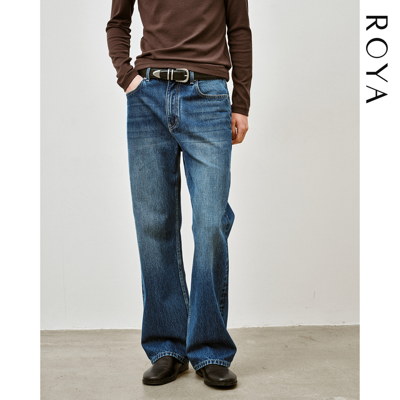 Roya｜14Oz Kanglong Cone Bamboo Cotton Vintage Washed Indigo Jeans Mid-Waist Loose Straight-Leg Autumn and Winter Men's
