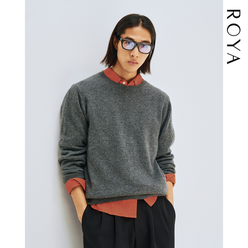 Roya丨Cashmere and Wool Blend Crew Neck Sweater for Men, Autumn and Winter Knitwear, Floral Gray High-Quality Cashmere Inner Layer