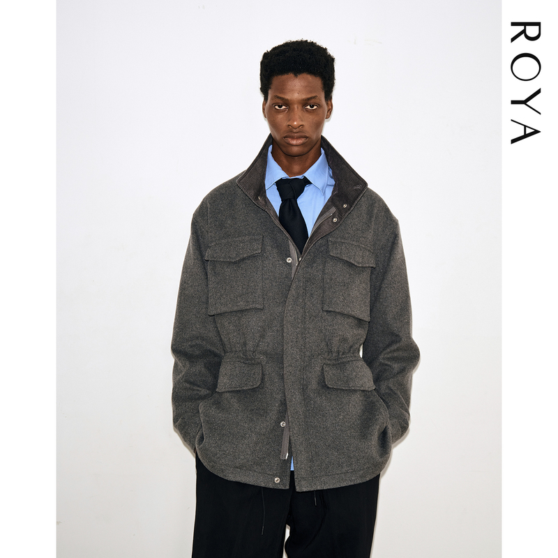 Roya丨Cashmere and Wool Blend M65 Jacket with Stand Collar, Mid-Length, Multi-Pocket Hunting Jacket for Men, Autumn and Winter