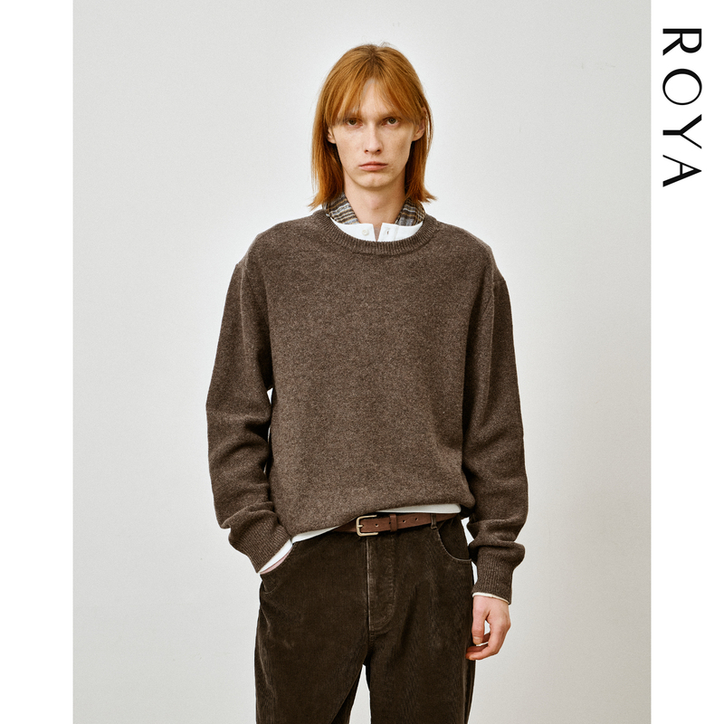 Roya｜100% Merino Wool Crew Neck Knitwear with Vintage Floral Yarn, Loose Fit, Drop Shoulder Sweater for Men, Suitable for Autumn and Winter