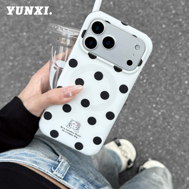 Korean Style ins Cute and Sweet Girl Black Polka Dot Magnetic Case Suitable for Iphone17Promax Apple 16Pro Phone Case 14 New Model 15 Fresh and Simple 17 Simple Full-Edge Anti-Drop Protective Case
