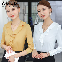 Chiffon shirt womens long sleeve New loose design sense niche shirt bow ruffle temperament agaric top
