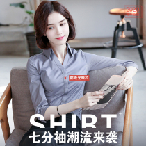 Three-point sleeve white shirt womens summer professional slim fit all-match work clothes Loose formal V-neck mid-sleeve cotton shirt New