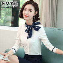 White shirt womens long-sleeved ruffle chiffon top fashion bow Korean version of sweet shirt lace-up business wear