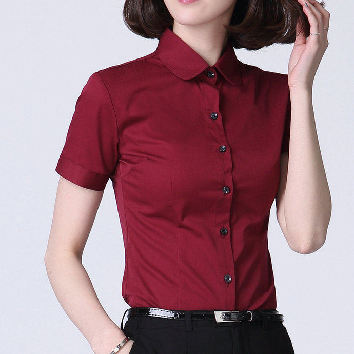 Burgundy solid color cotton shirt women's short sleeve plus size skinny shirt elegant ladies' shirt work clothes
