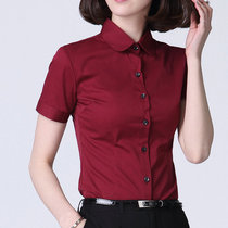 Wine red solid color cotton shirt womens short sleeves plus fat plus size tight slim shirt temperament Lady inch shirt work clothes