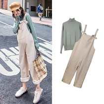 Pregnant women winter suit fashion cashmere thickened autumn and winter fashion loose bib suit two-piece set out to Korea