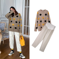 Pregnant womens winter suit out of fashion models thickened knitted wool sweater top straight pants two-piece set tide mom